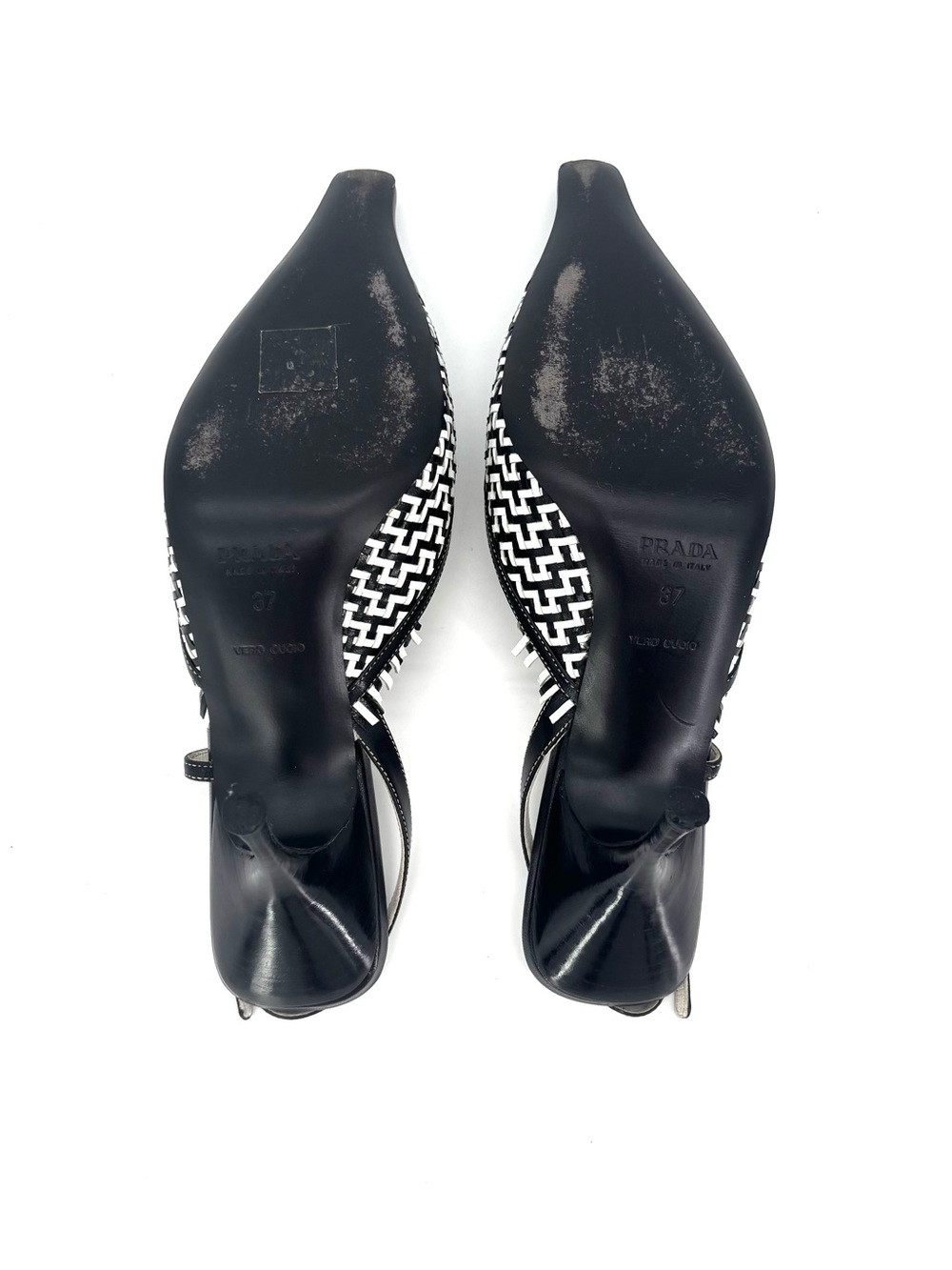Prada Retro Vintage Cap Toe Mini Buckle Fringe Embellished Slingback Pumps 37 - Picture 8 of 9